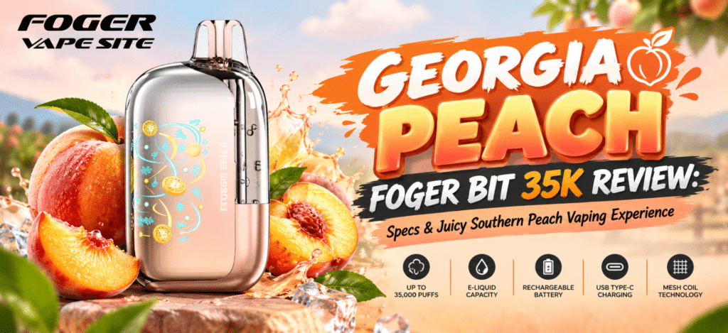 Georgia Peach Foger Bit 35K vape review featured image with juicy peach visuals and Foger Vape Site logo.