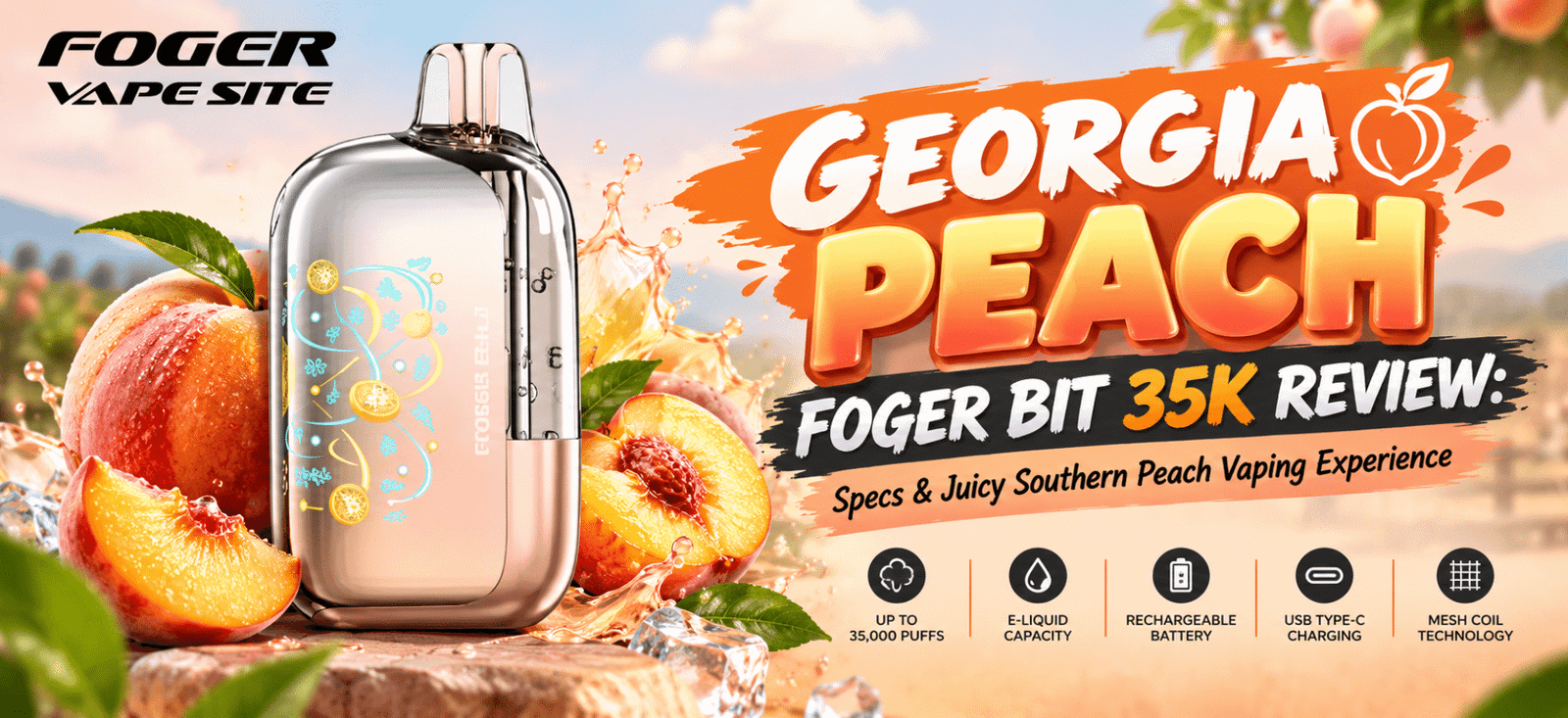 Georgia Peach Foger Bit 35K vape review featured image with juicy peach visuals and Foger Vape Site logo.