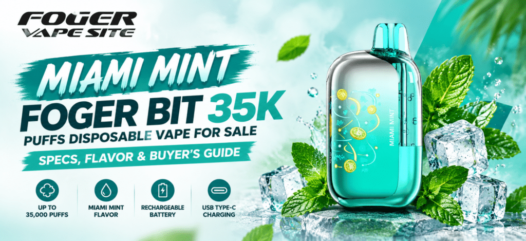 Miami Mint Foger Bit 35K Puffs Disposable Vape featuring a cool mint design and rechargeable battery.